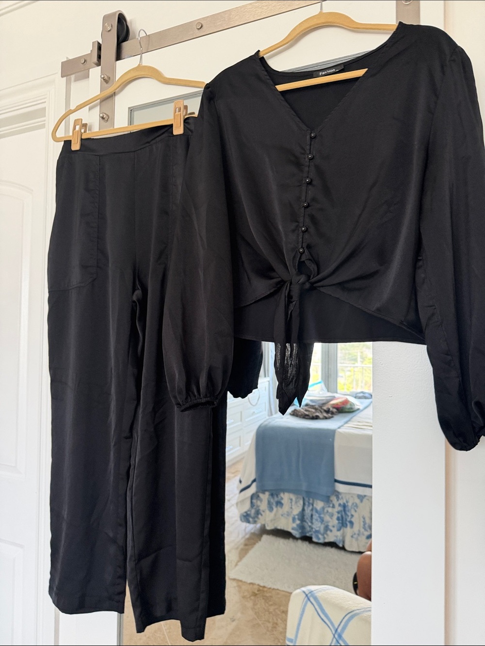 Women's Black Wide-Leg Pants and Tie-Front Blouse Set